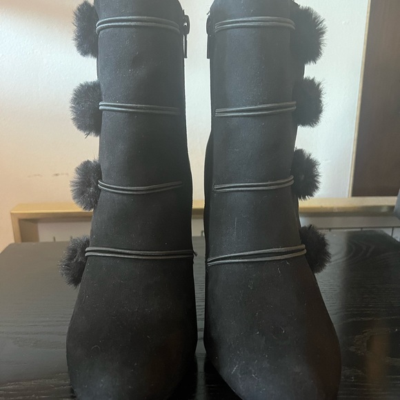 Black Ankle Boots with Faux Fur Poms - Picture 4 of 6